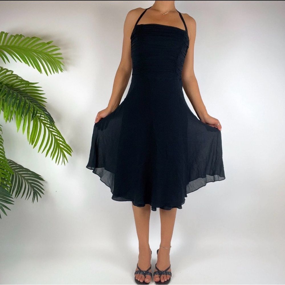 Maggy London vintage look Y2K black  ruched sheer midi halter dress